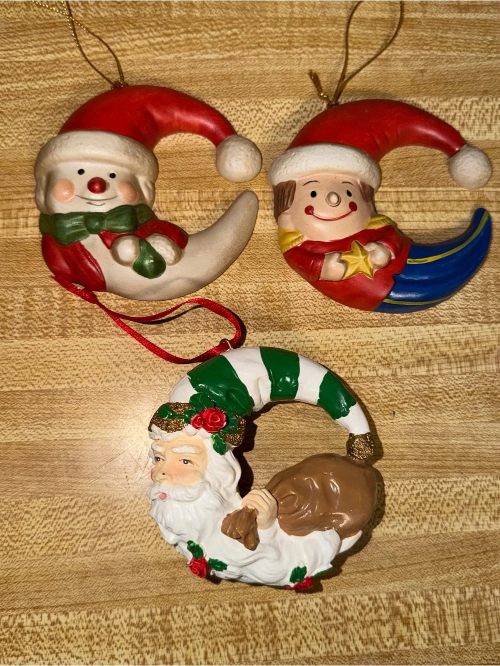 Vintage Set of 3 Festive Crescent Christmas Ornaments - Santa,‎ Snowman & Elf